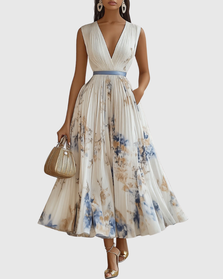 Elegant women's pleated V-neck maxi dress, perfect for wedding guests & formal occasions.