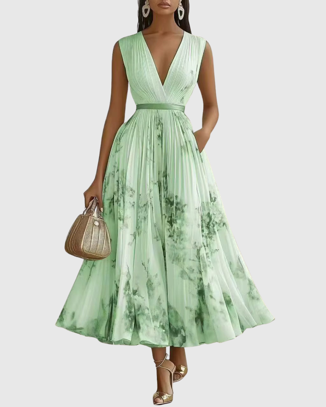 Modern V-neck pleated maxi dress for women, a stylish wedding guest or formal occasion wear.