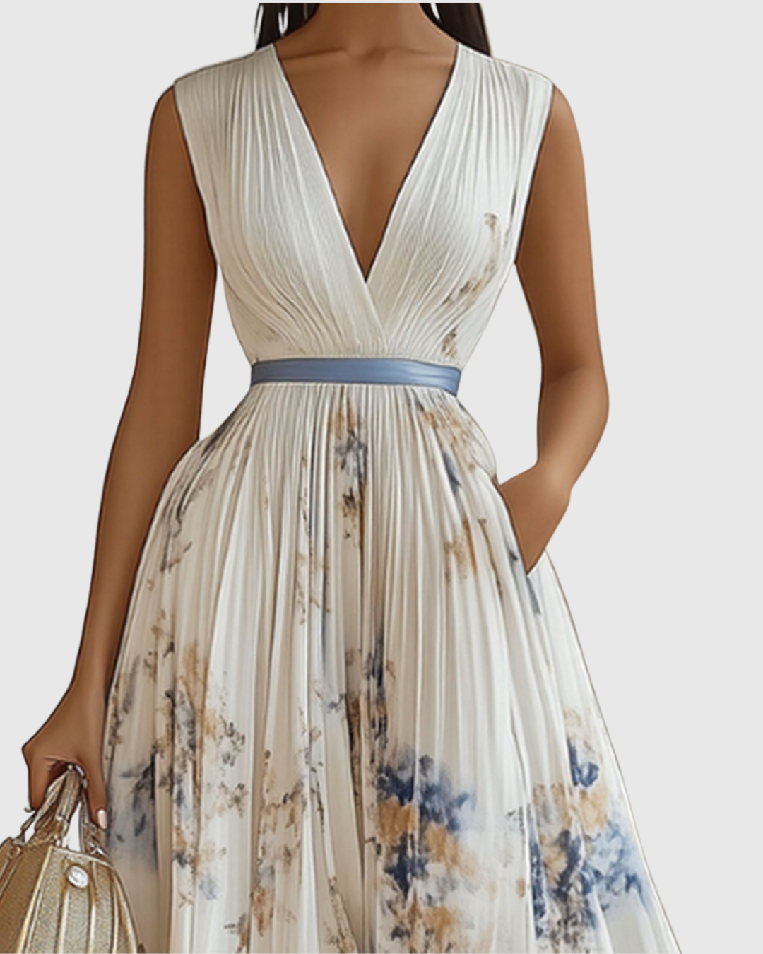 Beautiful V-neck pleated maxi dress for women, ideal as a stylish wedding guest outfit.