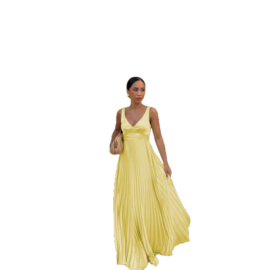 Sophisticated women's sleeveless maxi dress with a V-neck & flowing pleats, great for formal events.