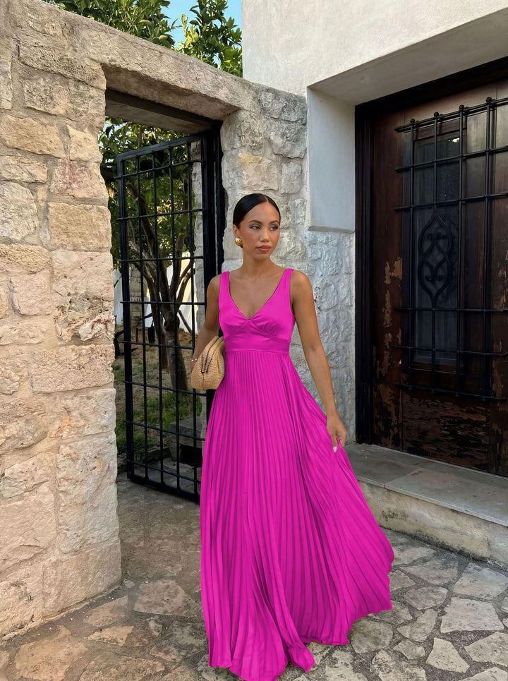 Flowy elegant pleated V-neck maxi dress, designed for women attending formal parties & special events.