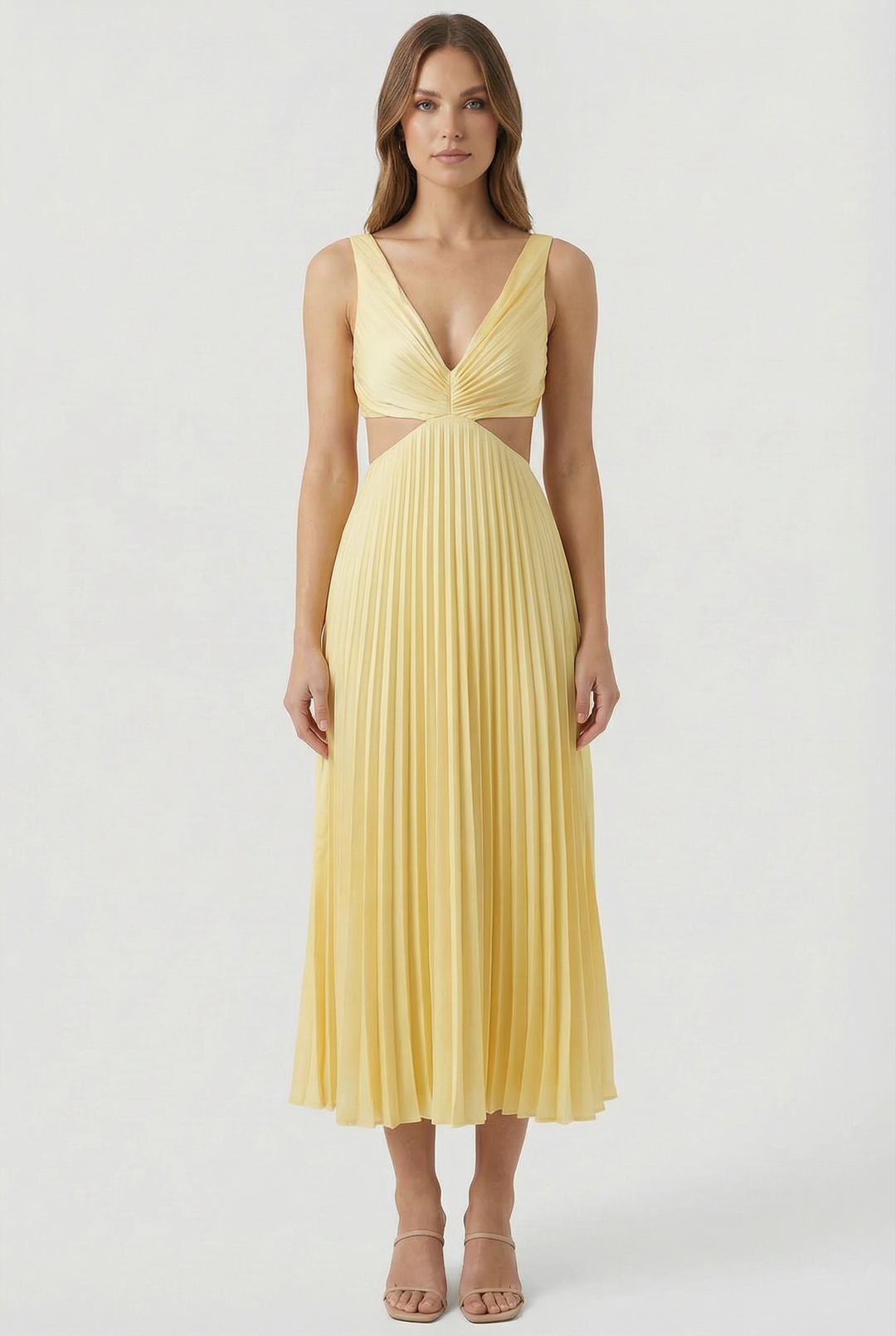Elegant women's pleated V-neck maxi dress with stylish cut-out waist detail