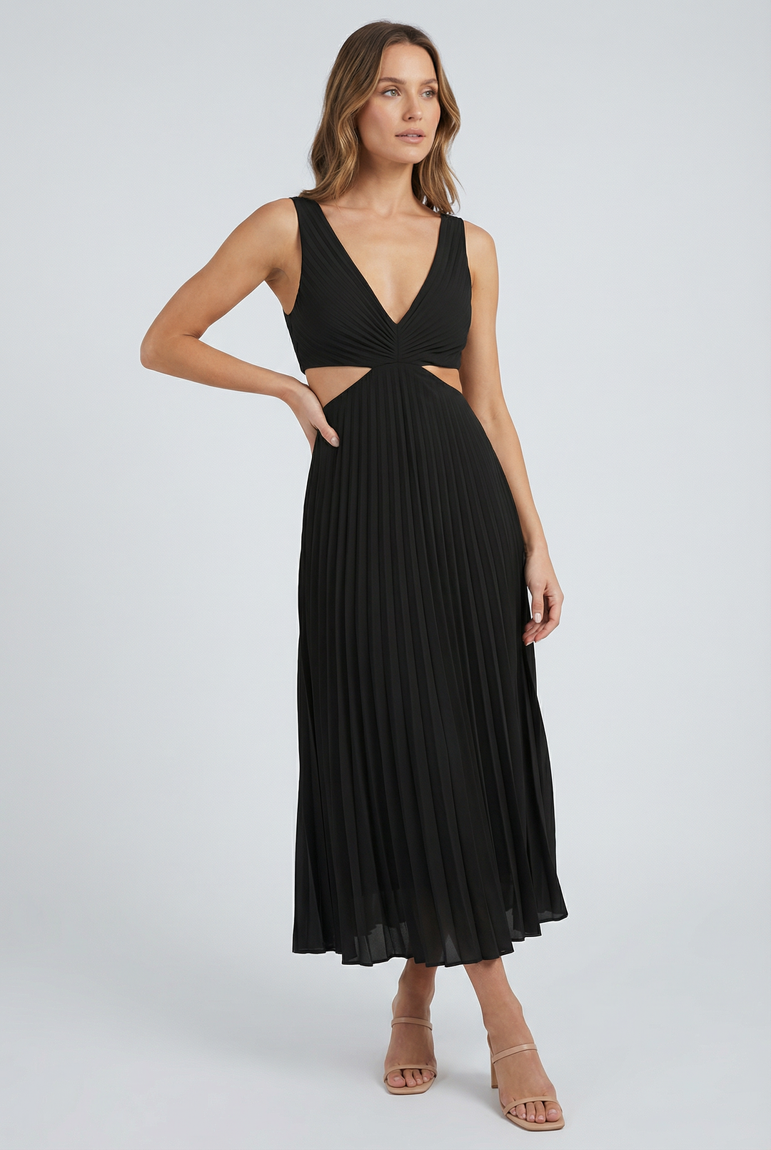 Back view of a stylish pleated maxi dress with a V-neck and cut-out waist