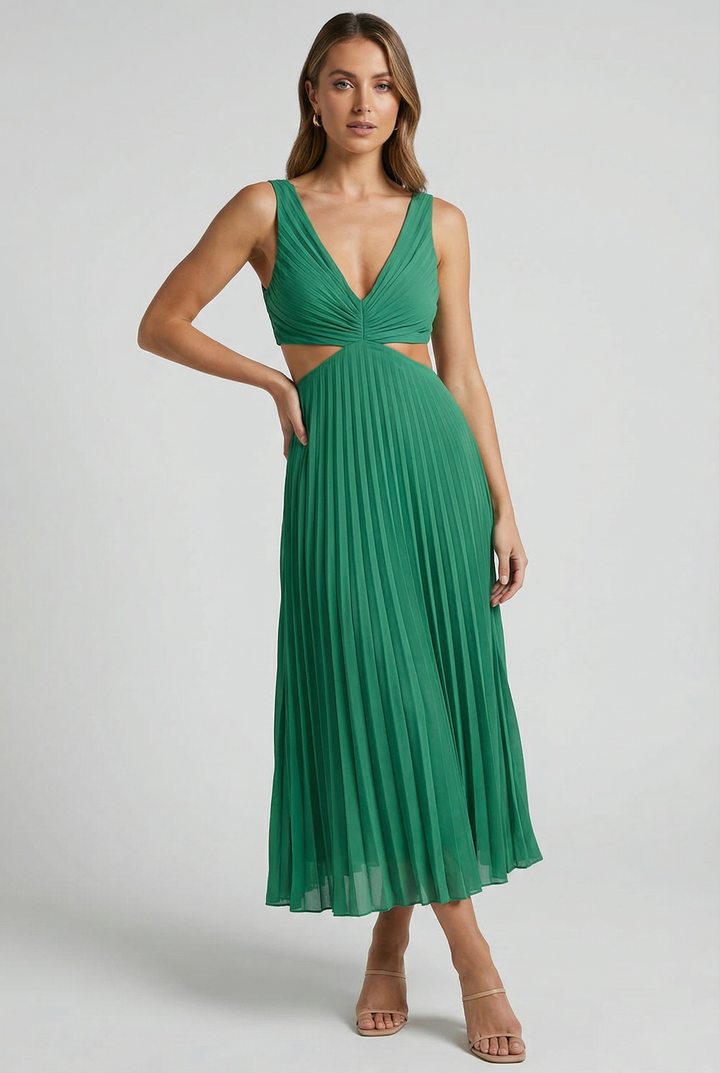 A chic pleated V-neck evening gown perfect for parties and special occasions