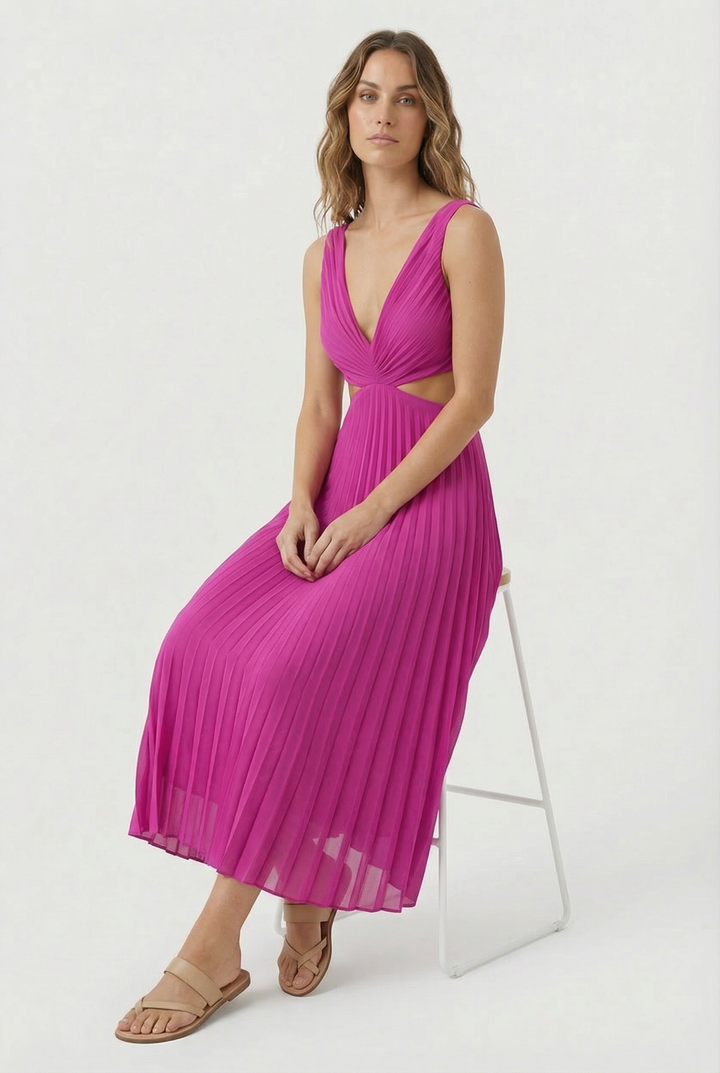 Model showcasing the flowy silhouette of a women's elegant pleated summer maxi dress