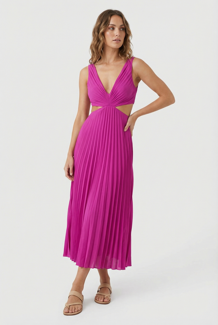 Detail shot of the cut-out waist design on a formal women's pleated maxi dress