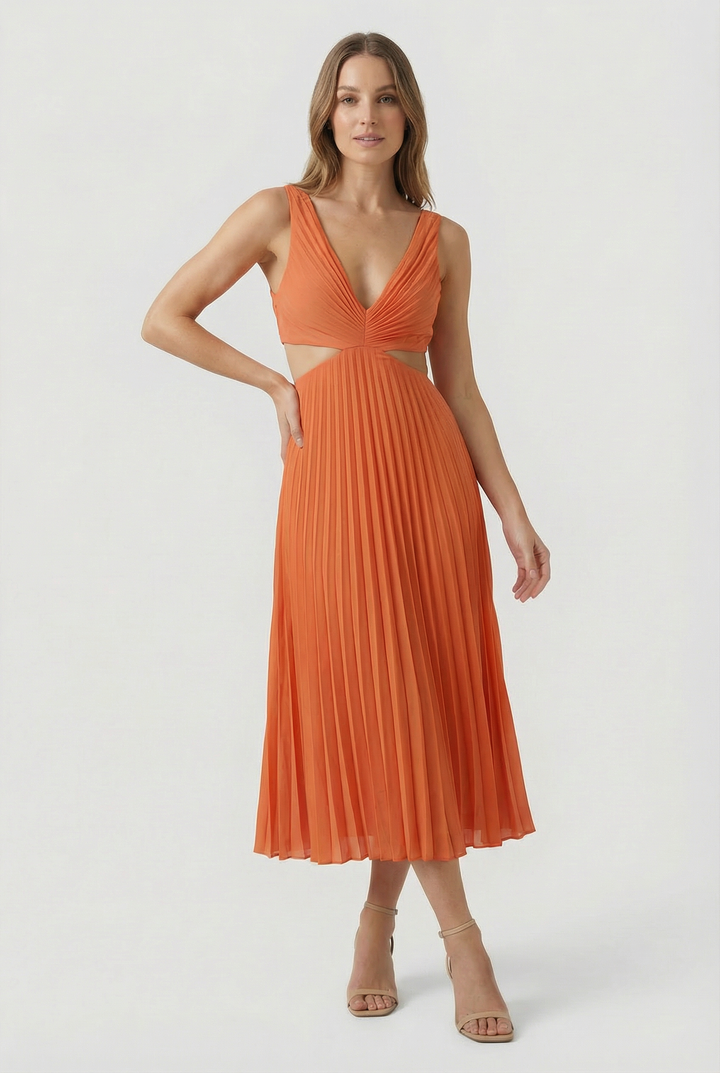 Fashionable pleated V-neck maxi dress in a rich color, ideal for women's party wear