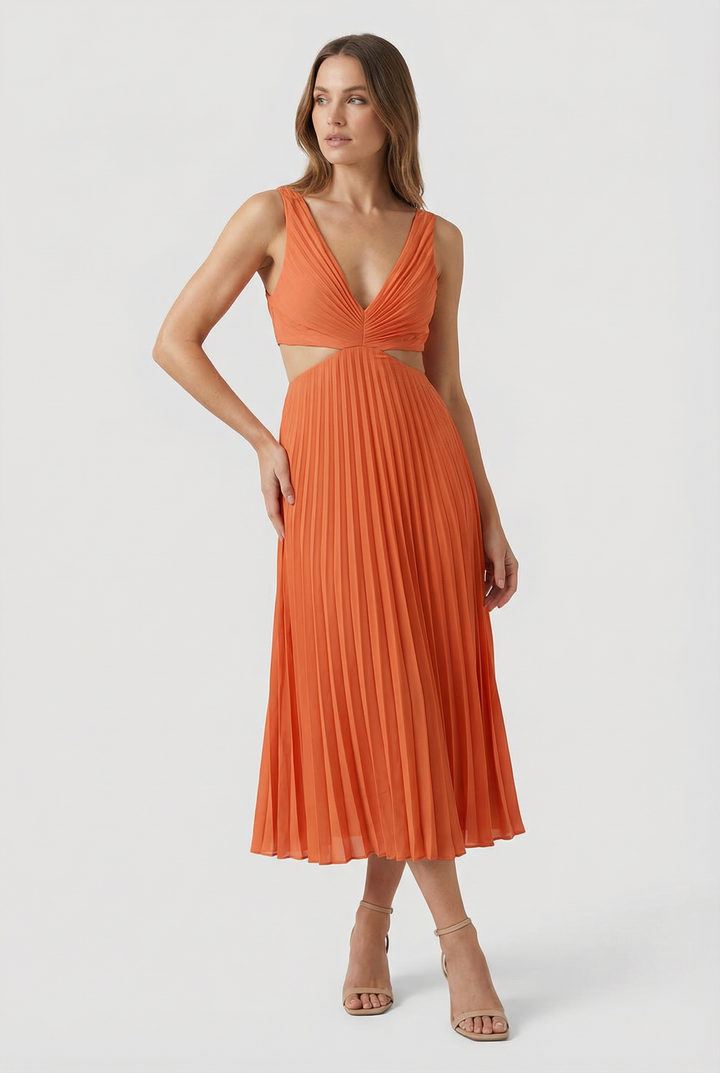 A graceful pleated formal maxi dress with a flattering V-neck and subtle waist cut-out
