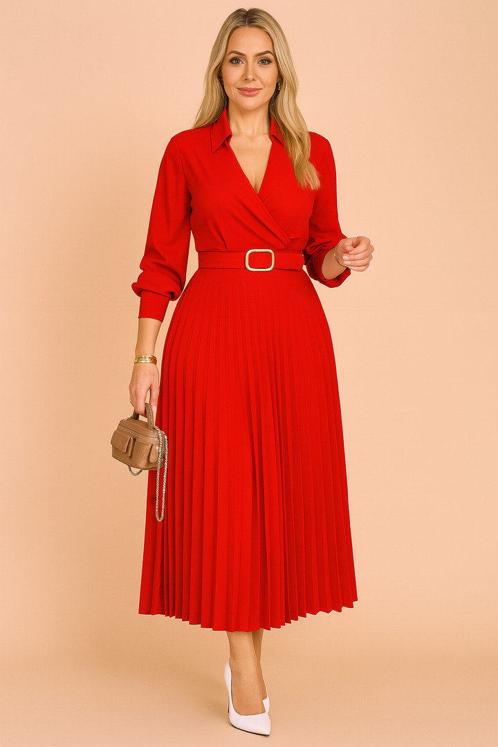 Elegant women's plus size midi summer dress with V-neck, 3/4 sleeves & belt. Perfect for office or casual wear.