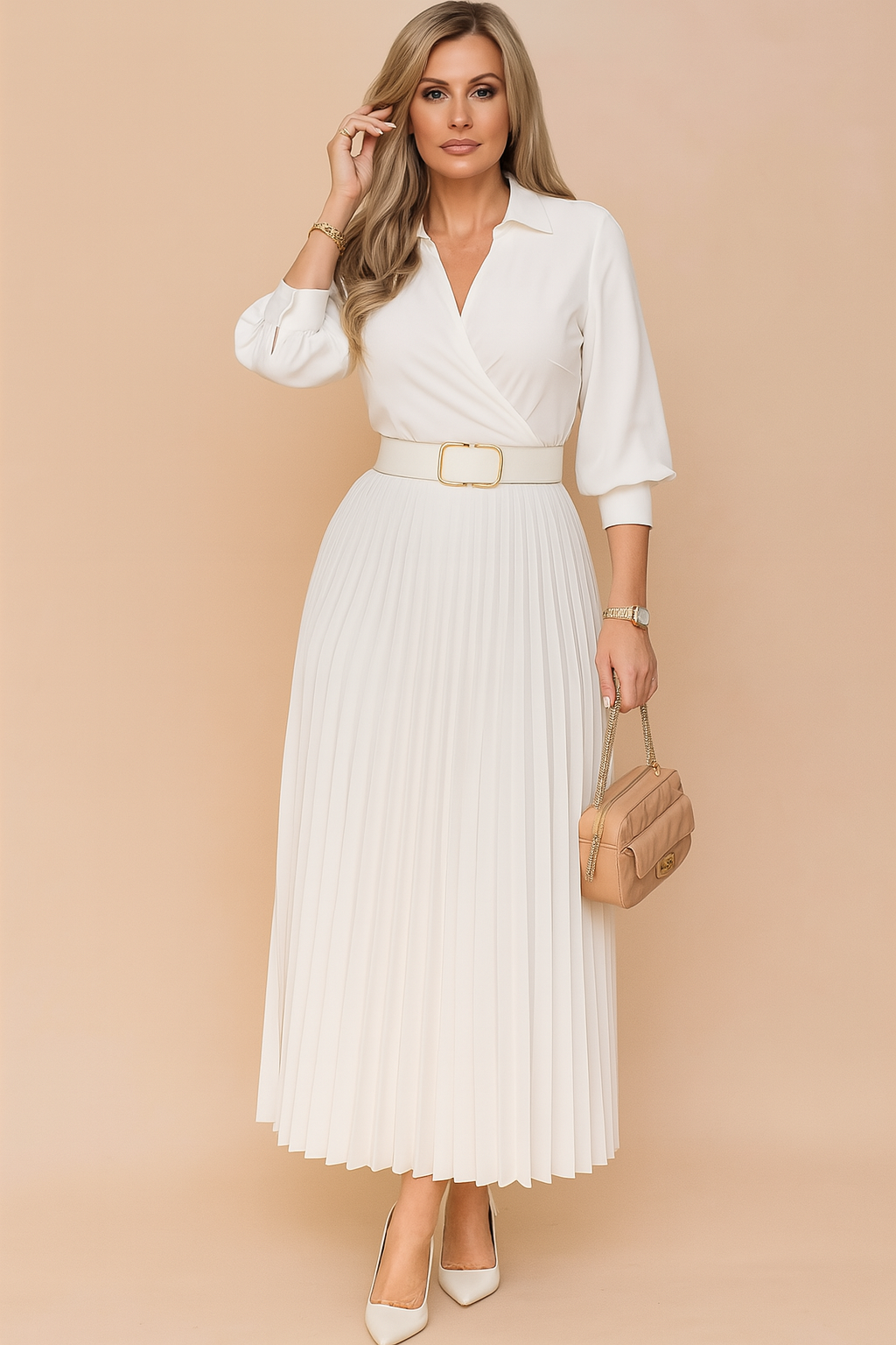 Plus size women's summer midi dress, elegant V-neck design with 3/4 sleeves & belt. Ideal for warm weather.