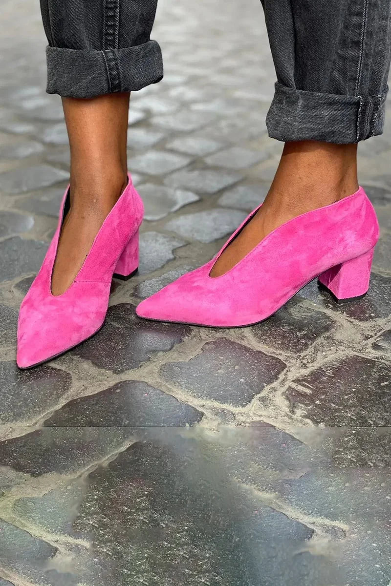 Red pointed closed-toe block heels for women. Stylish and stable, perfect for elegant dress, formal, and fashion wear.