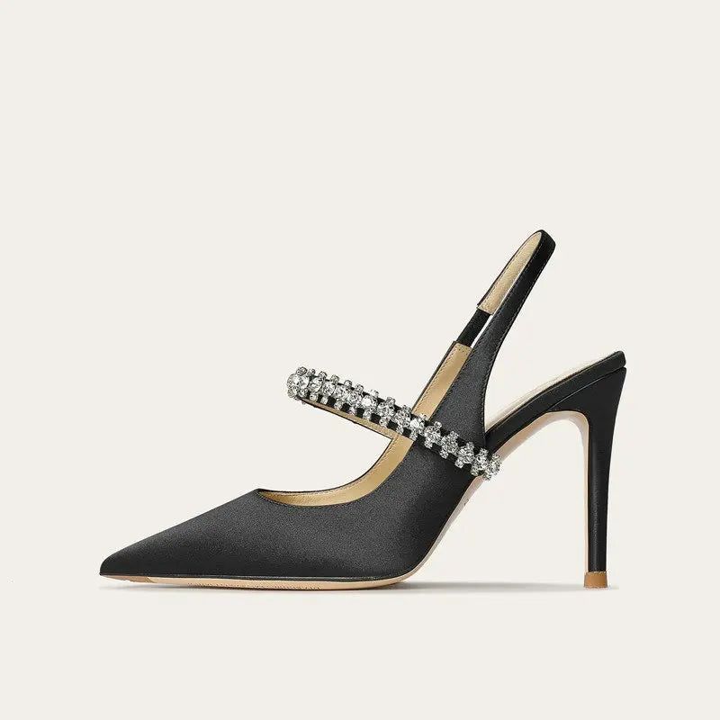 Sophisticated women's pointed-toe slingback heels featuring a dazzling jeweled ankle, ideal for formal occasions.