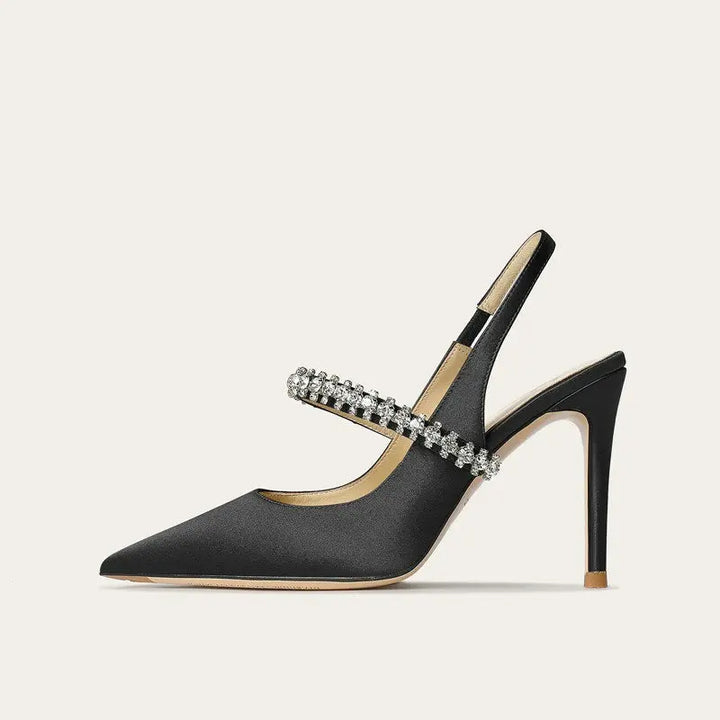 Sophisticated women's pointed-toe slingback heels featuring a dazzling jeweled ankle, ideal for formal occasions.