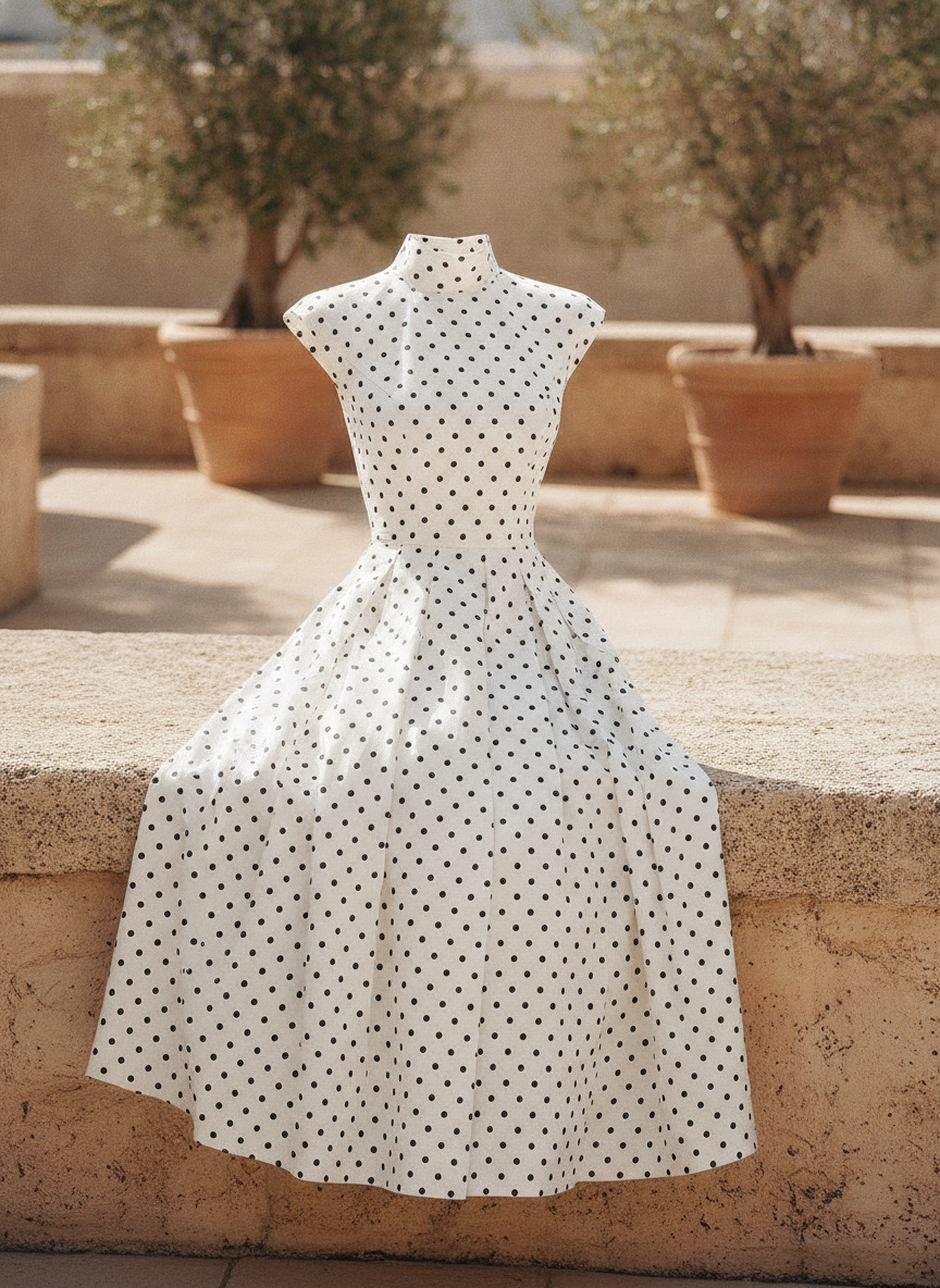Elegant women's polka dot A-line midi dress. Perfect sleeveless summer occasion dress for garden parties.