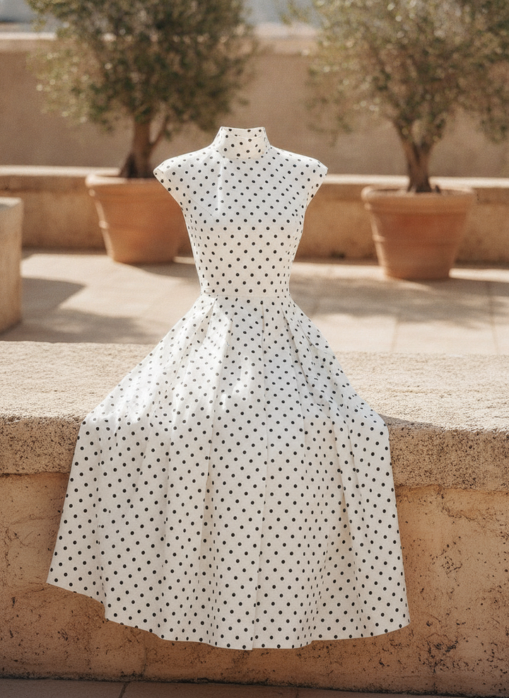 Elegant women's polka dot A-line midi dress. Perfect sleeveless summer occasion dress for garden parties.