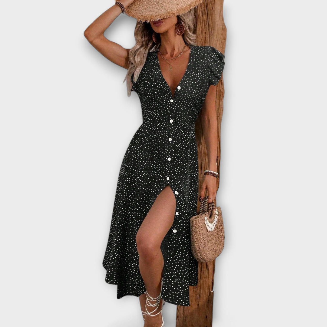 V-neck women's elegant A-line dress with chic polka dots, a versatile midi for spring/summer.