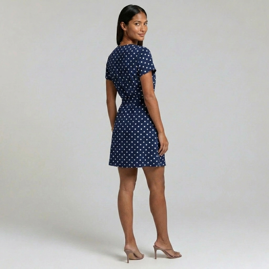 Fashionable women's polka dot short sleeve wrap mini dress. Perfect for versatile day-to-night elegance.