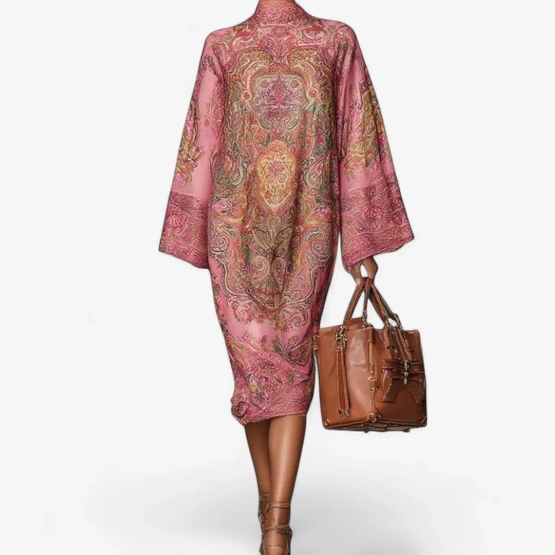 Vibrant printed caftan midi dress, women's relaxed fit with elegant mock neck & chic batwing sleeves. Great summer fashion.