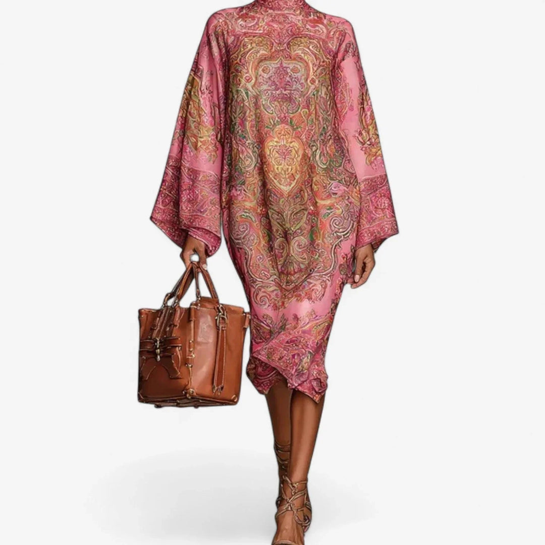 Relaxed fit women's printed caftan midi dress with mock neck & batwing sleeves. Comfortable summer dress, perfect for travel.