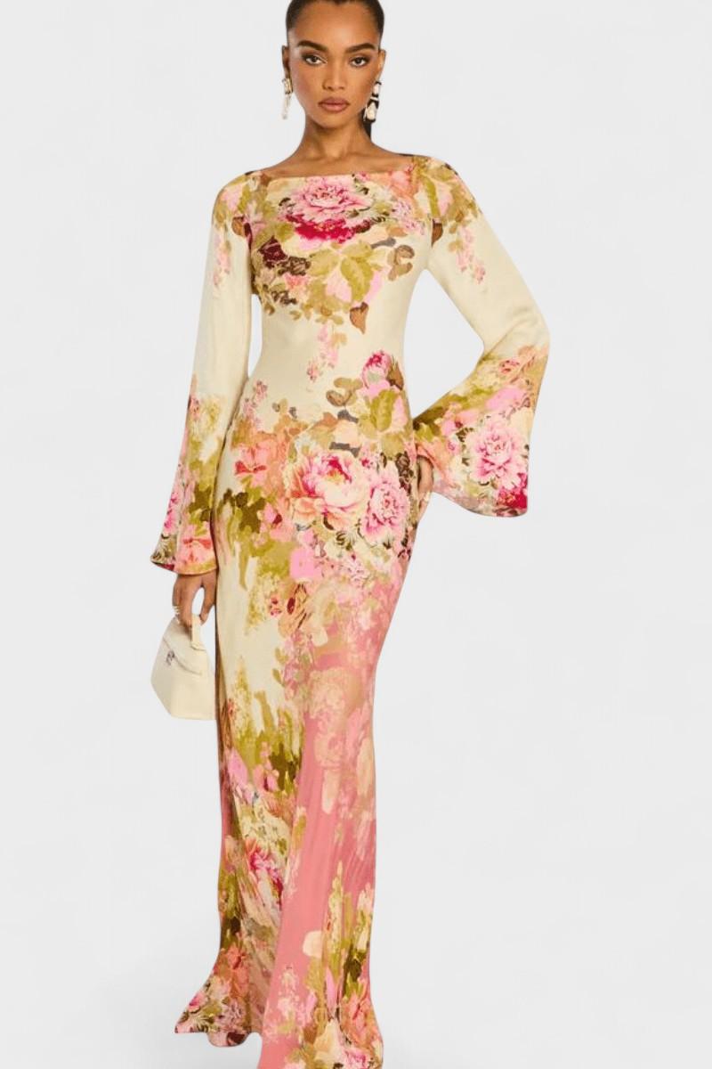 Elegant women's printed maxi dress, flowing fabric, perfect for summer evenings or versatile spring fashion.