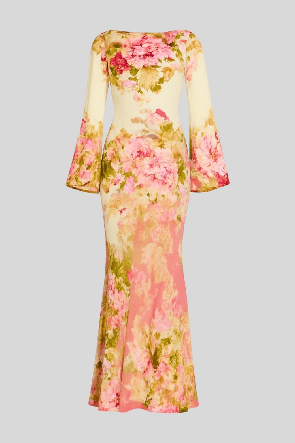 Bohemian style women's flowing printed maxi dress, ideal for romantic spring fashion or warm weather casual wear.