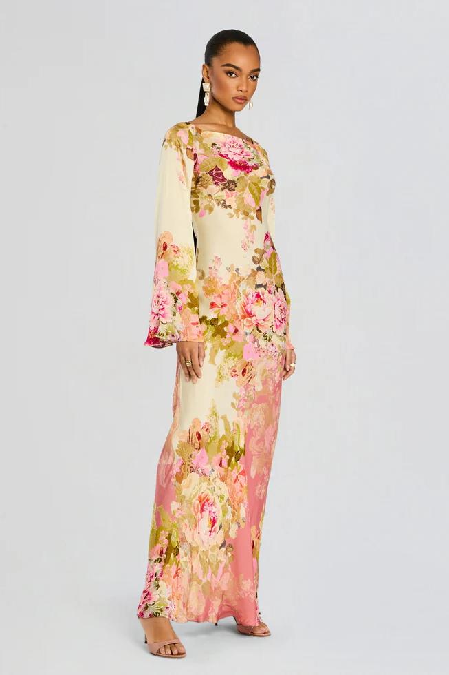 Feminine patterned maxi dress for women, with a comfortable flowing design, great for spring, summer & warm weather.