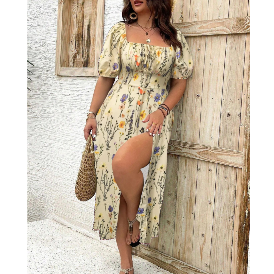 Elegant women's casual midi dress, printed, with puff sleeves, square neck, smocked waist, and side slit detail.
