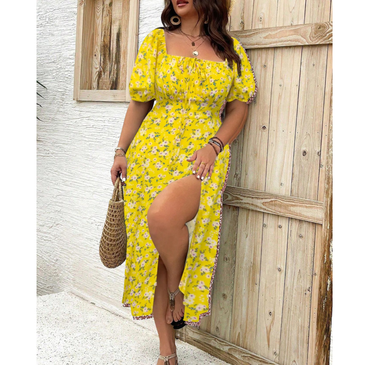 Chic women's puff sleeve midi dress, perfect for spring/summer, with a square neck, smocked waist, and side slit.