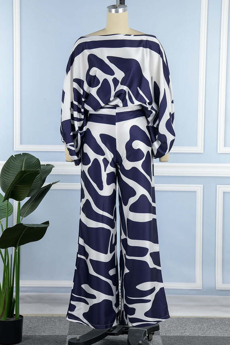 Printed off-shoulder long sleeve women's two-piece skirt set, an elegant choice for party wear.