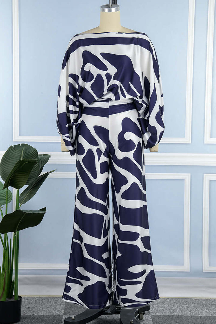 Printed off-shoulder long sleeve women's two-piece skirt set, an elegant choice for party wear.