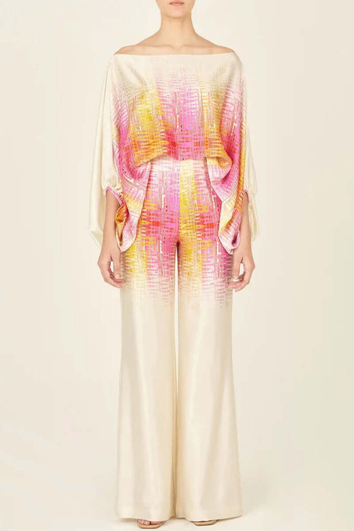 Women's off-shoulder long sleeve two-piece set featuring a unique print & elegant skirt design.