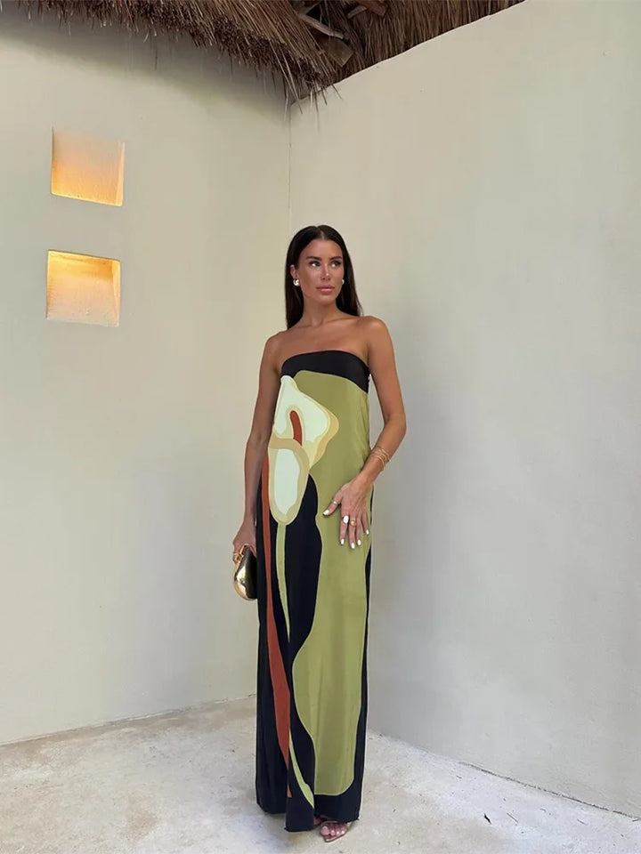 Elegant women's printed strapless maxi dress, perfect for formal occasions or a chic summer event.