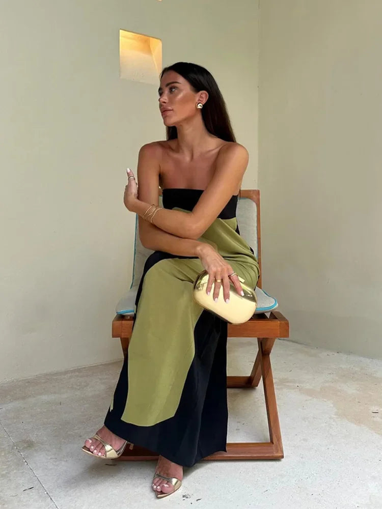Flowy printed strapless maxi dress, an elegant choice for women's summer parties & special events.