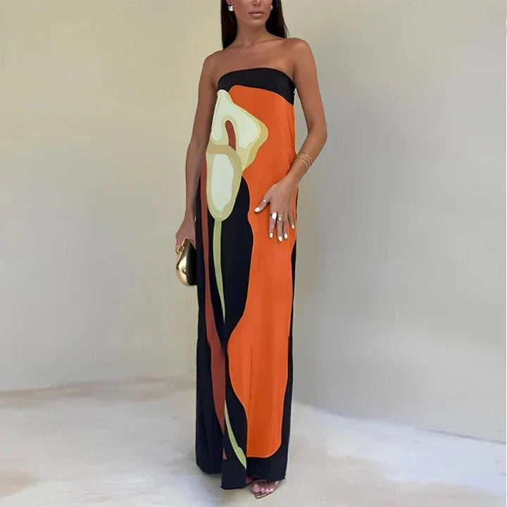 Chic women's printed strapless maxi dress, a stylish and flowy option for summer occasions.