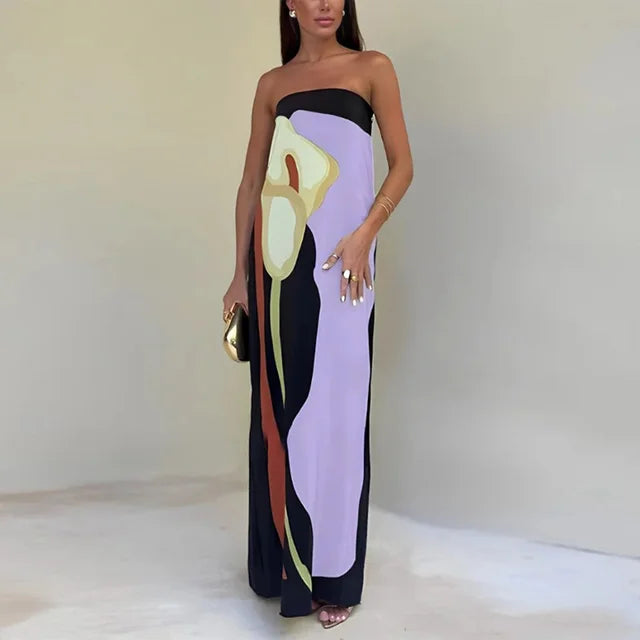 Elegant strapless maxi dress for women, featuring a vibrant print, ideal for special occasion wear.