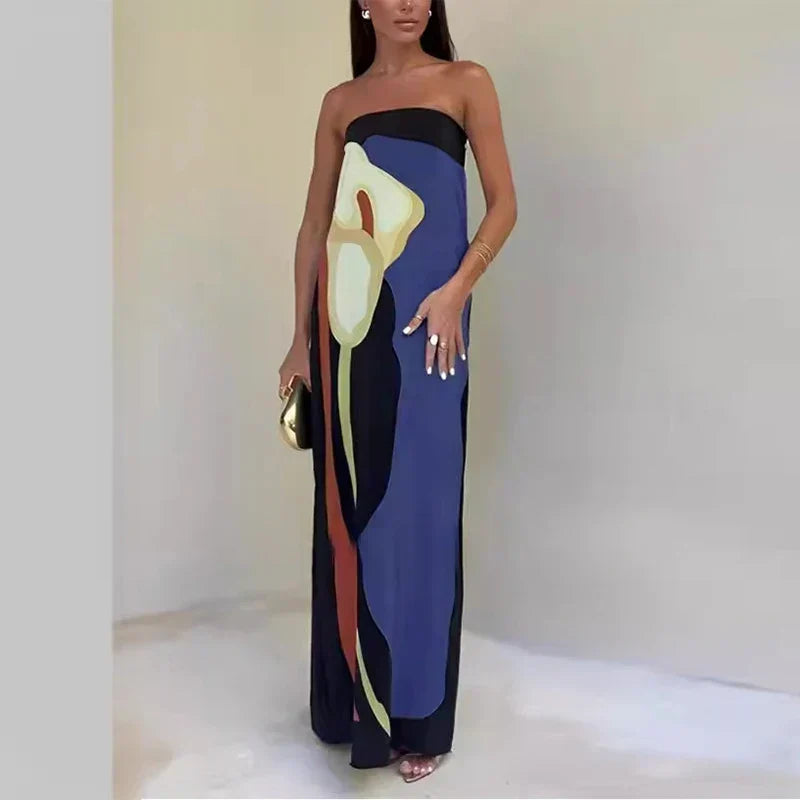 Formal flowy printed strapless maxi dress, a sophisticated and elegant choice for women's events.