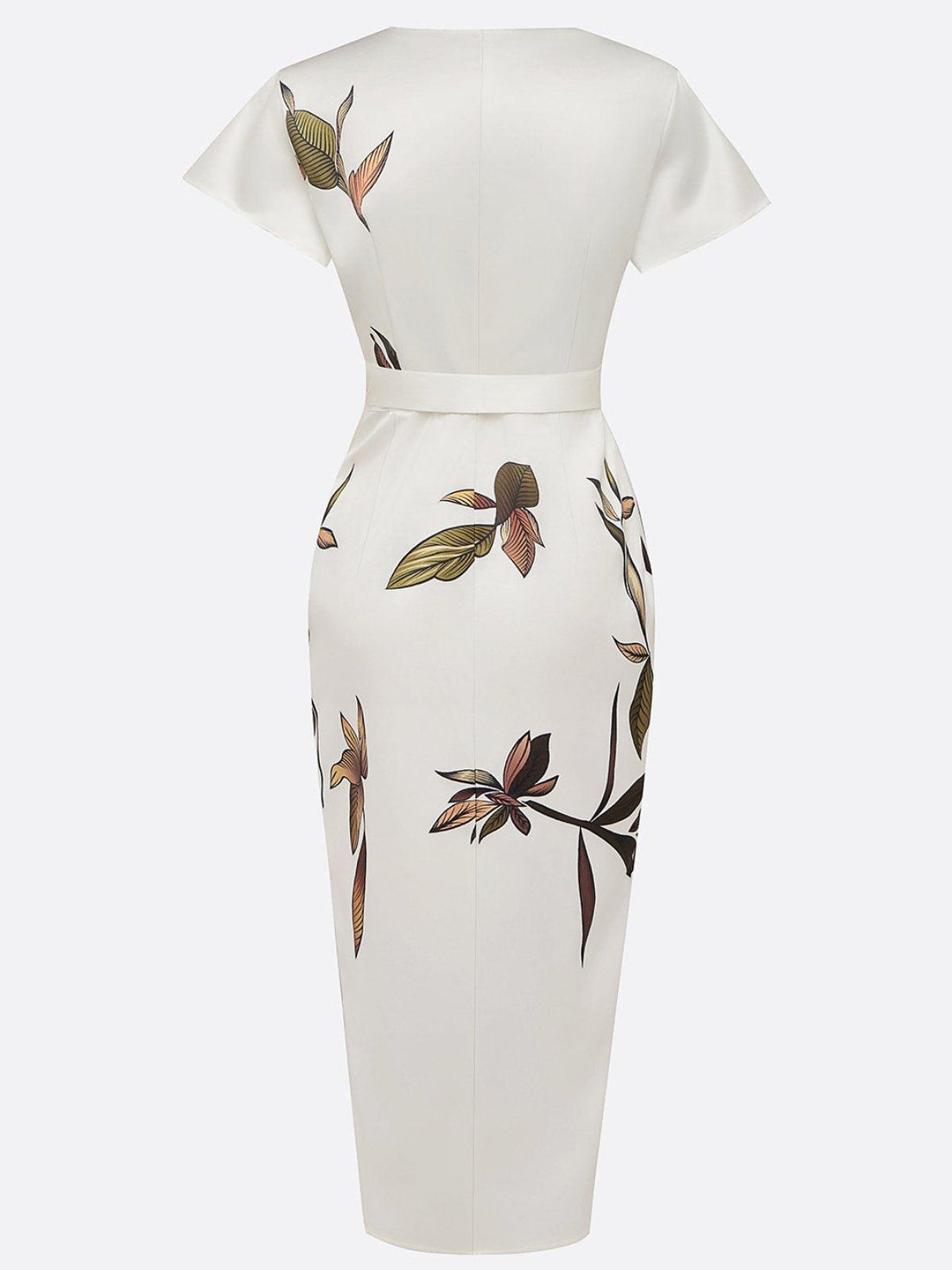 Flowy women's printed V-neck wrap midi dress, featuring a flattering tie waist that cinches for a perfect silhouette.