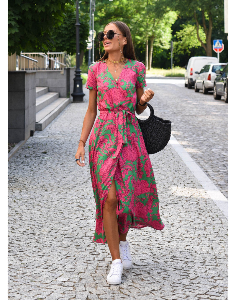 Elegant women's printed wrap midi dress with V-neck, short sleeves & tie waist. Perfect mid-calf spring fashion.