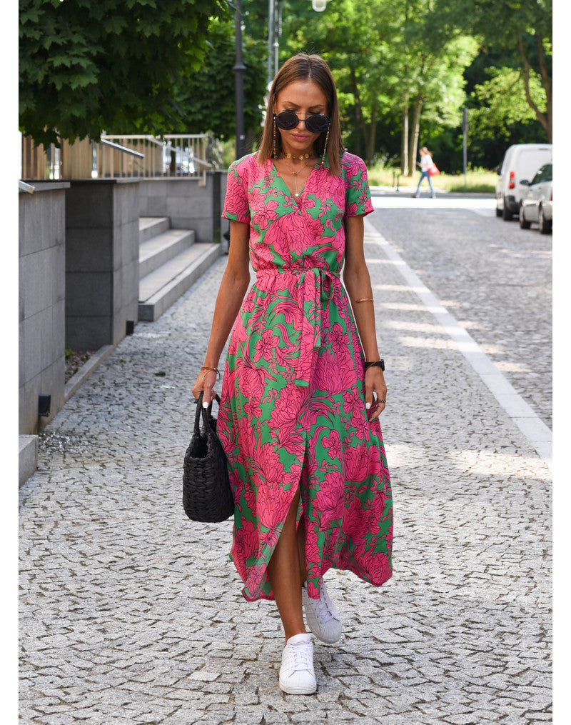 Women's short sleeve printed wrap midi dress featuring a flattering V-neck and adjustable tie waist for casual elegance.