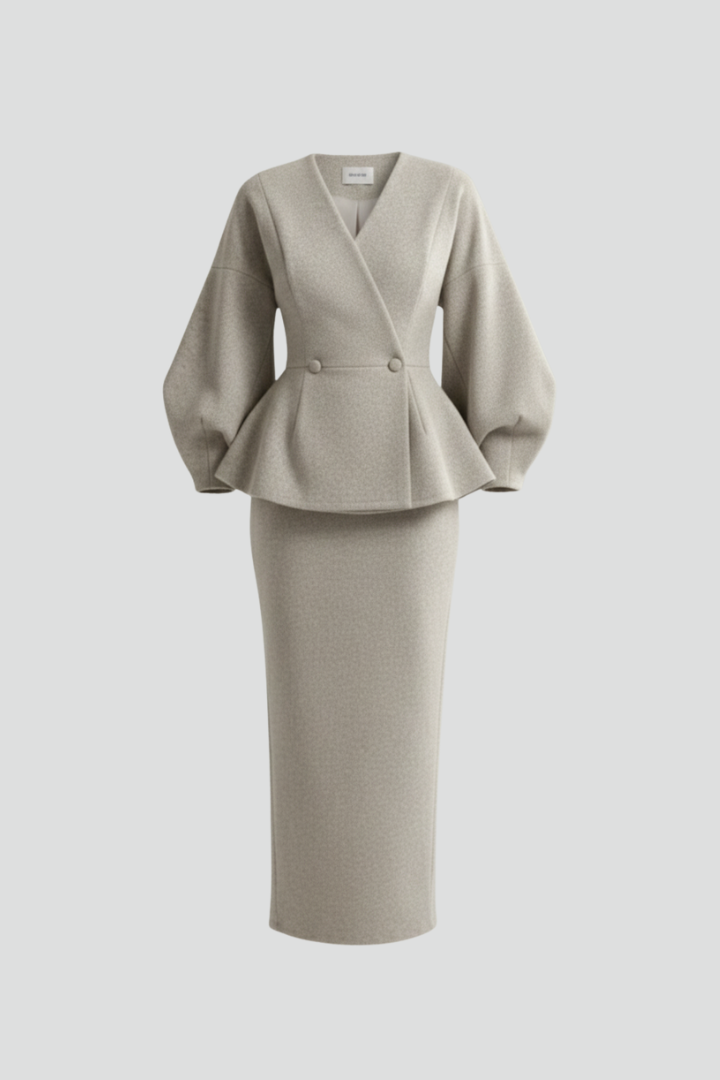 Fashionable women's skirt suit co-ord set with a puff sleeve blazer and elegant midi skirt.