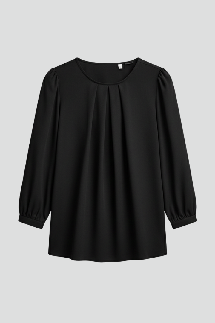 Elegant women's puff sleeve blouse with pleated front and round neck, a chic fashion top.