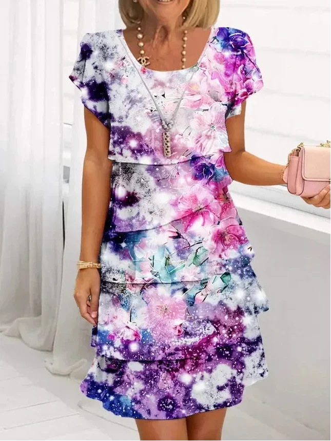 Elegant women's purple A-line ruffle dress, comfortable for casual, summer or evening wear.