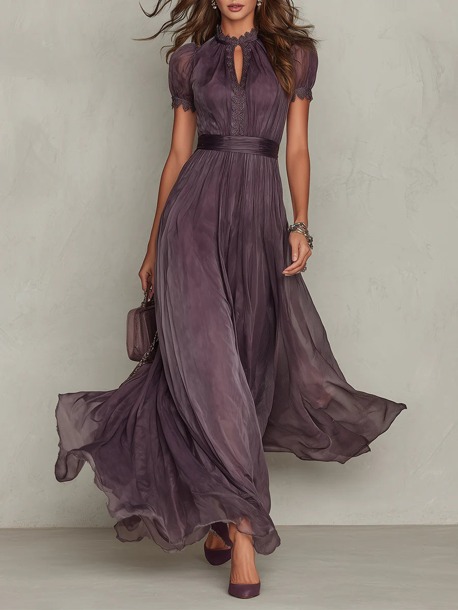 Elegant women's purple pleated maxi dress with puff sleeves & keyhole neckline, perfect for occasion wear.