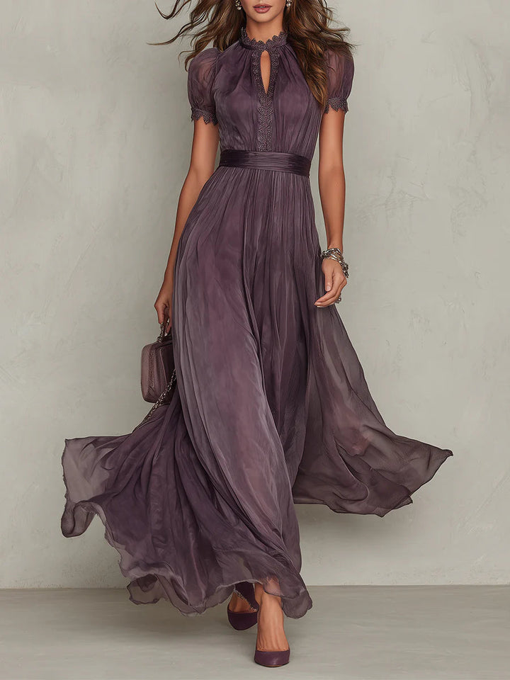 Elegant women's purple pleated maxi dress with puff sleeves & keyhole neckline, perfect for occasion wear.