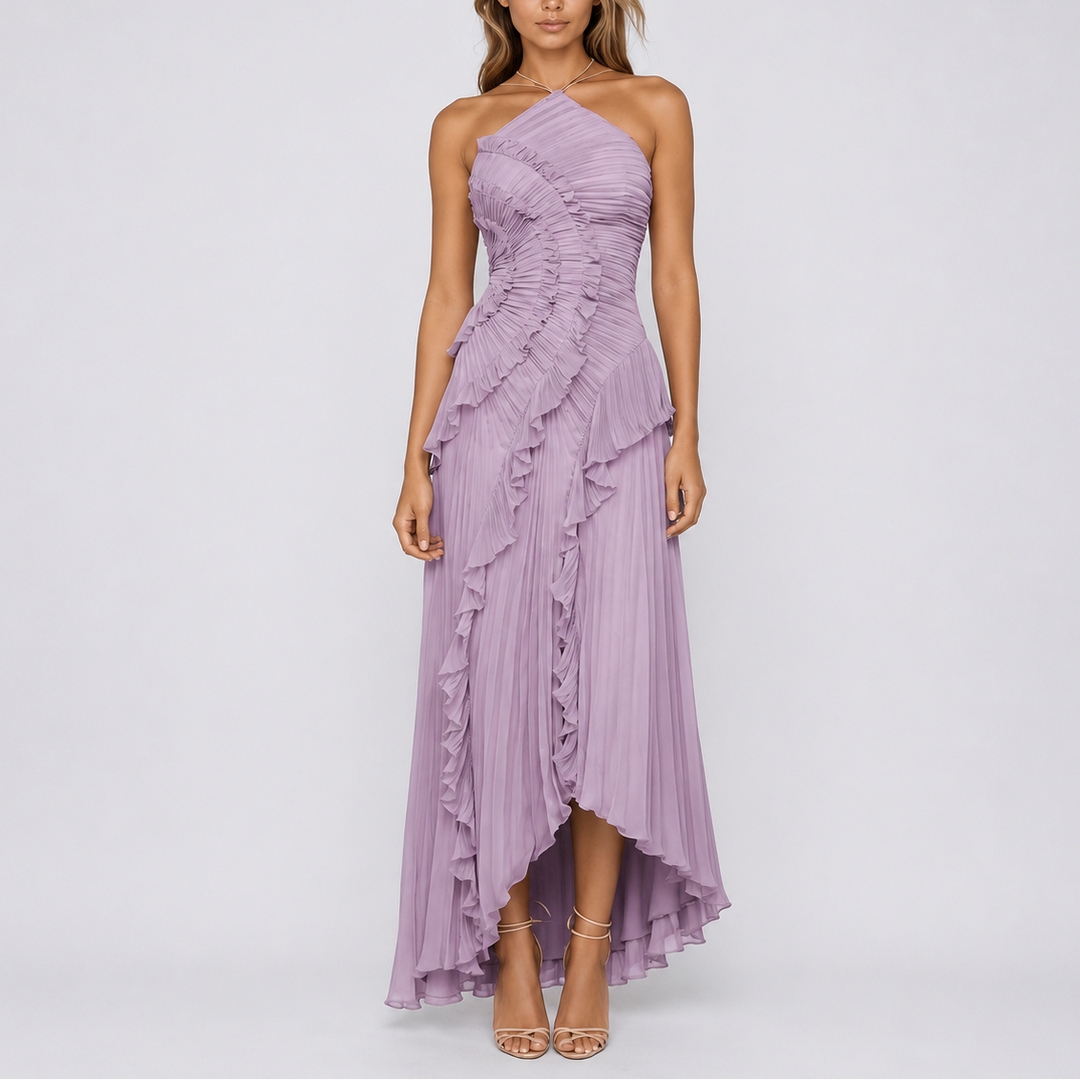 Elegant women's purple pleated ruffle halter maxi dress, perfect for wedding guests or formal evening events.