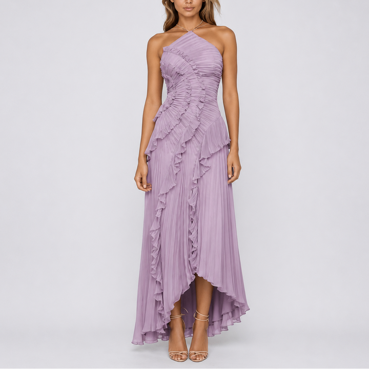 Elegant women's purple pleated ruffle halter maxi dress, perfect for wedding guests or formal evening events.