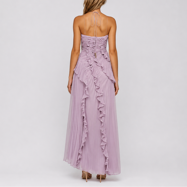 Chic pink pleated ruffle halter maxi dress for women, ideal as a party dress or special occasion attire.