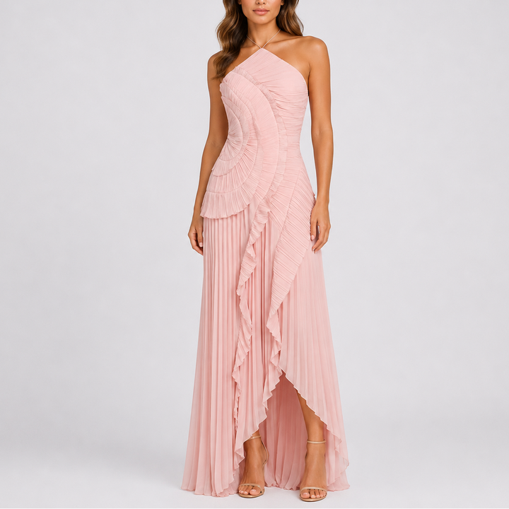 Feminine halter maxi dress with delicate pleats & ruffles, a beautiful and elegant women's evening gown.