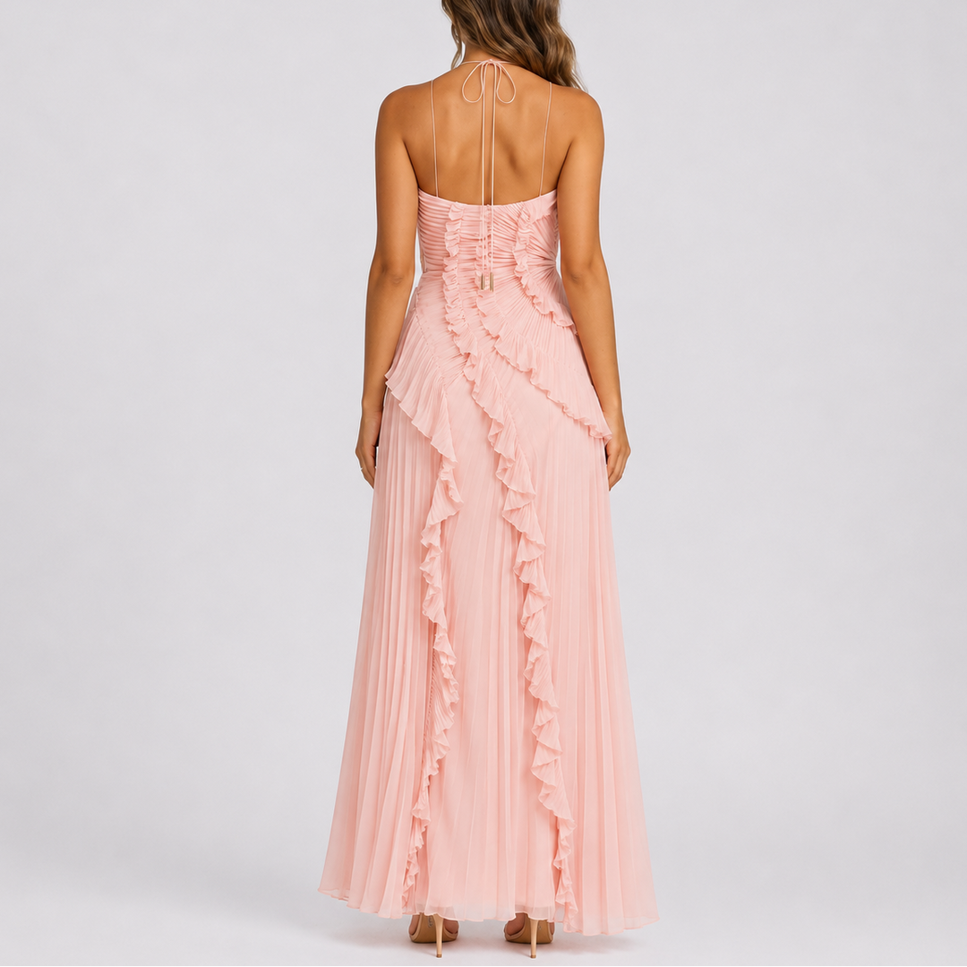 Stunning women's pleated ruffle halter maxi dress, a versatile formal dress for events and parties.