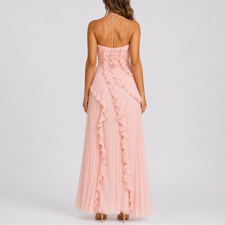 Stunning women's pleated ruffle halter maxi dress, a versatile formal dress for events and parties.